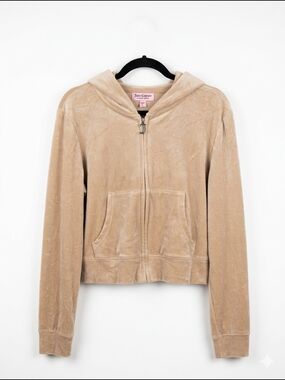 Juicy Couture Tan Velour Rhinestone Logo Zip Up Hoodie - Large